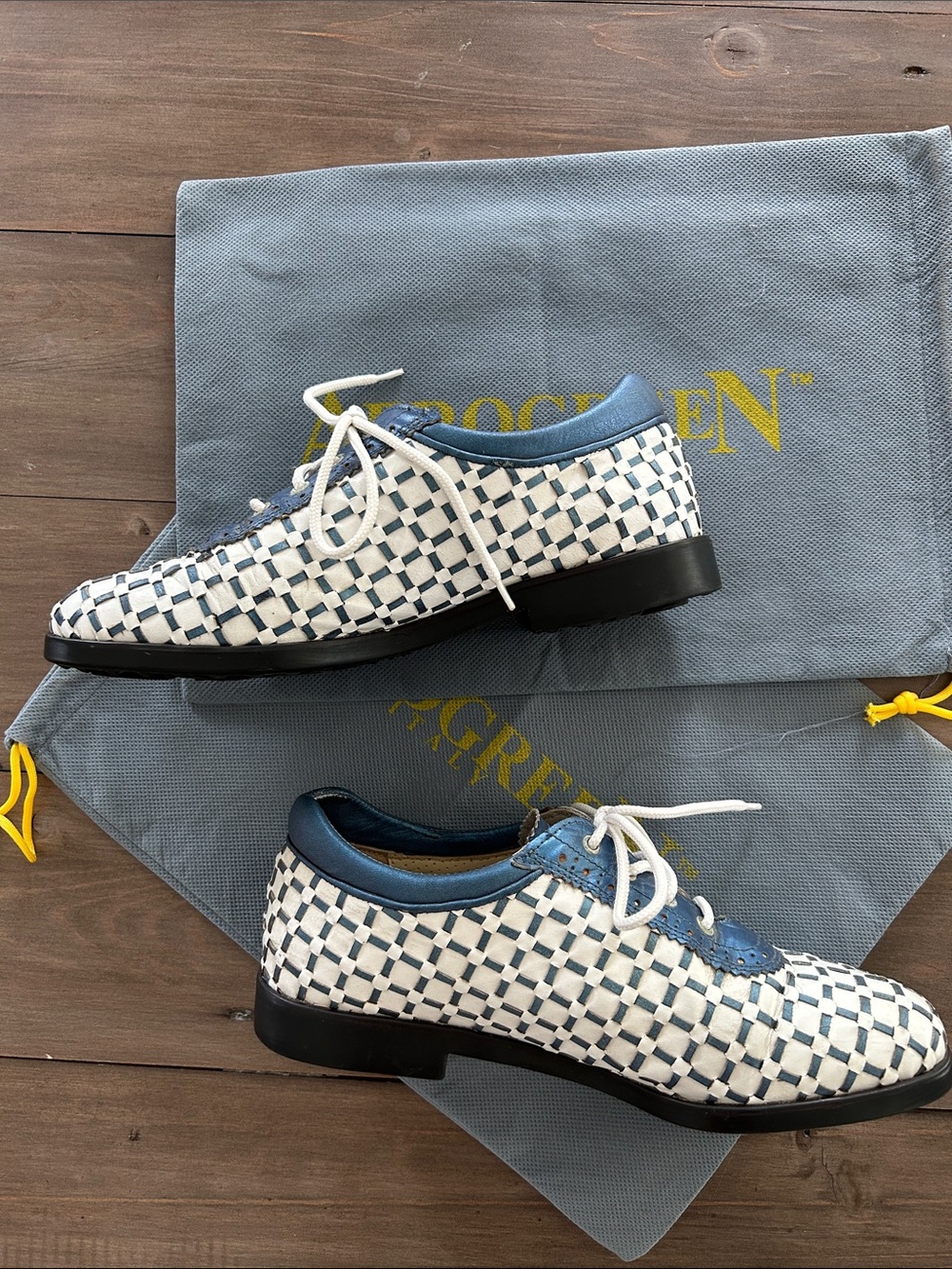 Aerogreen Pavia Hand Woven Ladies Golf Shoe Blue White with Dust Covers